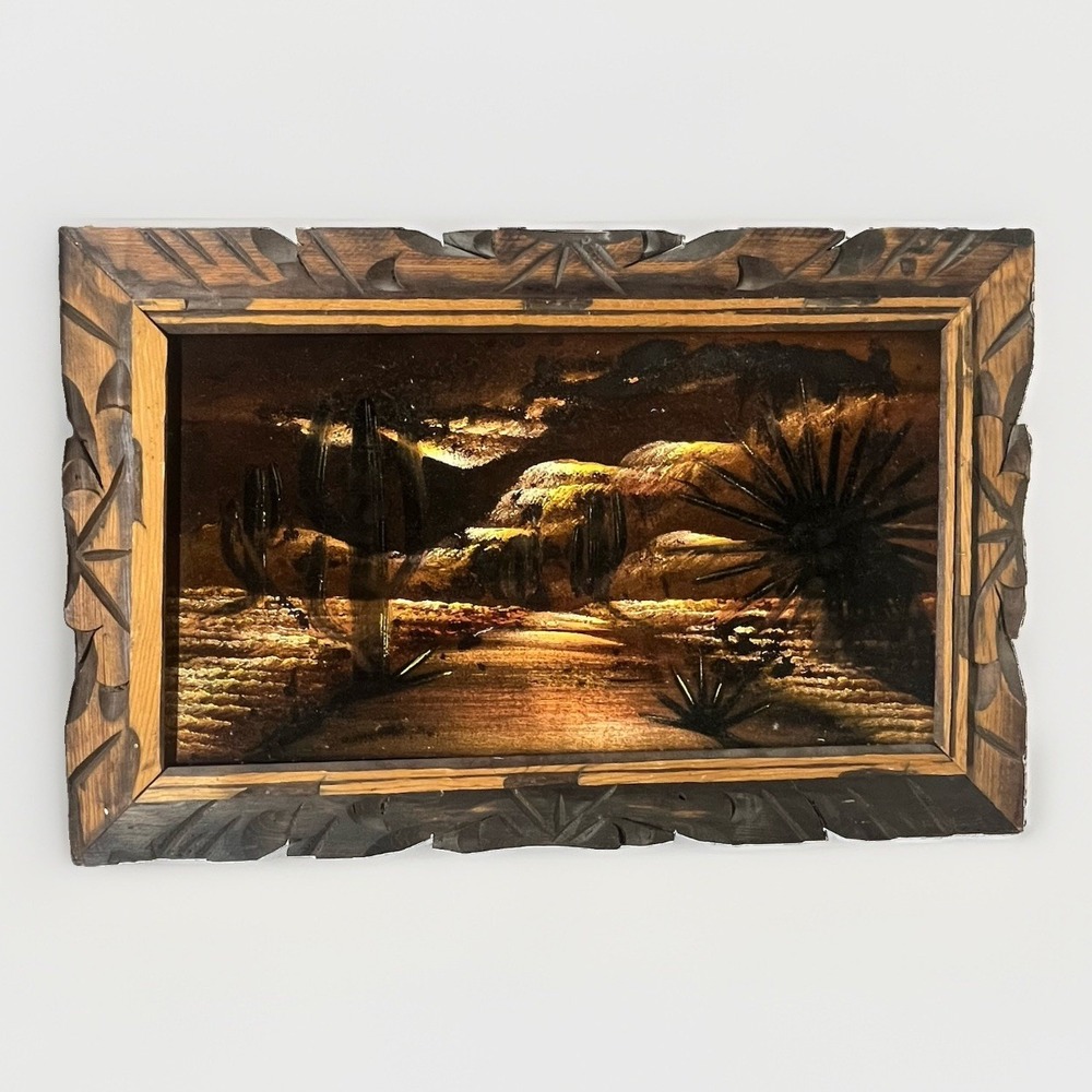 VTG MCM Black Velvet Painting Desert Cactus Landscape Hand Carved Wood Frame 25"